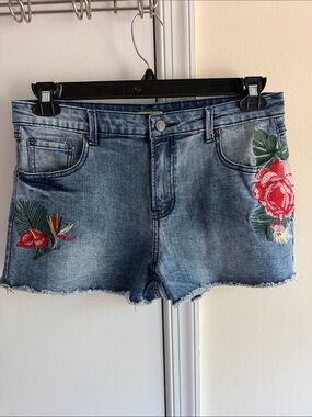 Gianni Bini Blue Denim Shorts with Red Floral Embroidery